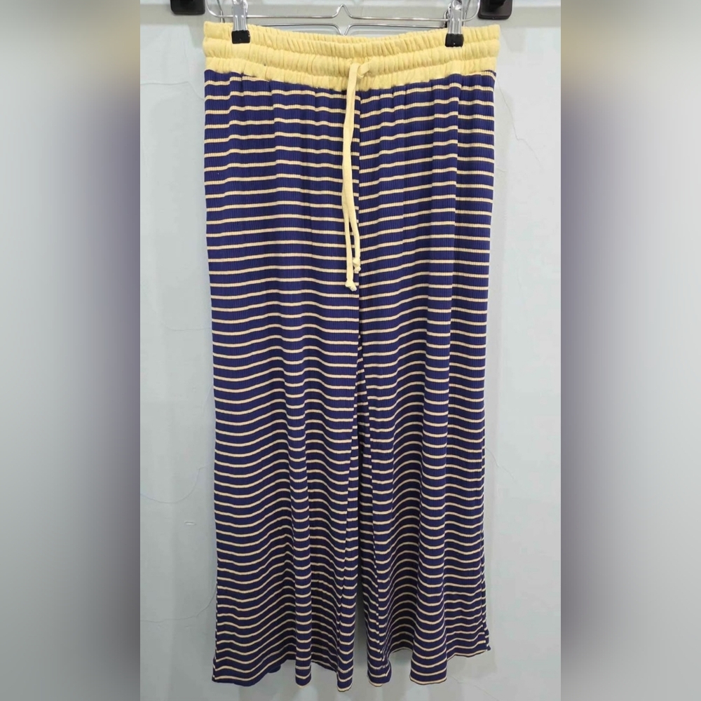 Striped Blue and Yellow Womens Matching Top And Wide Leg Pants Set - Picture 5 of 5